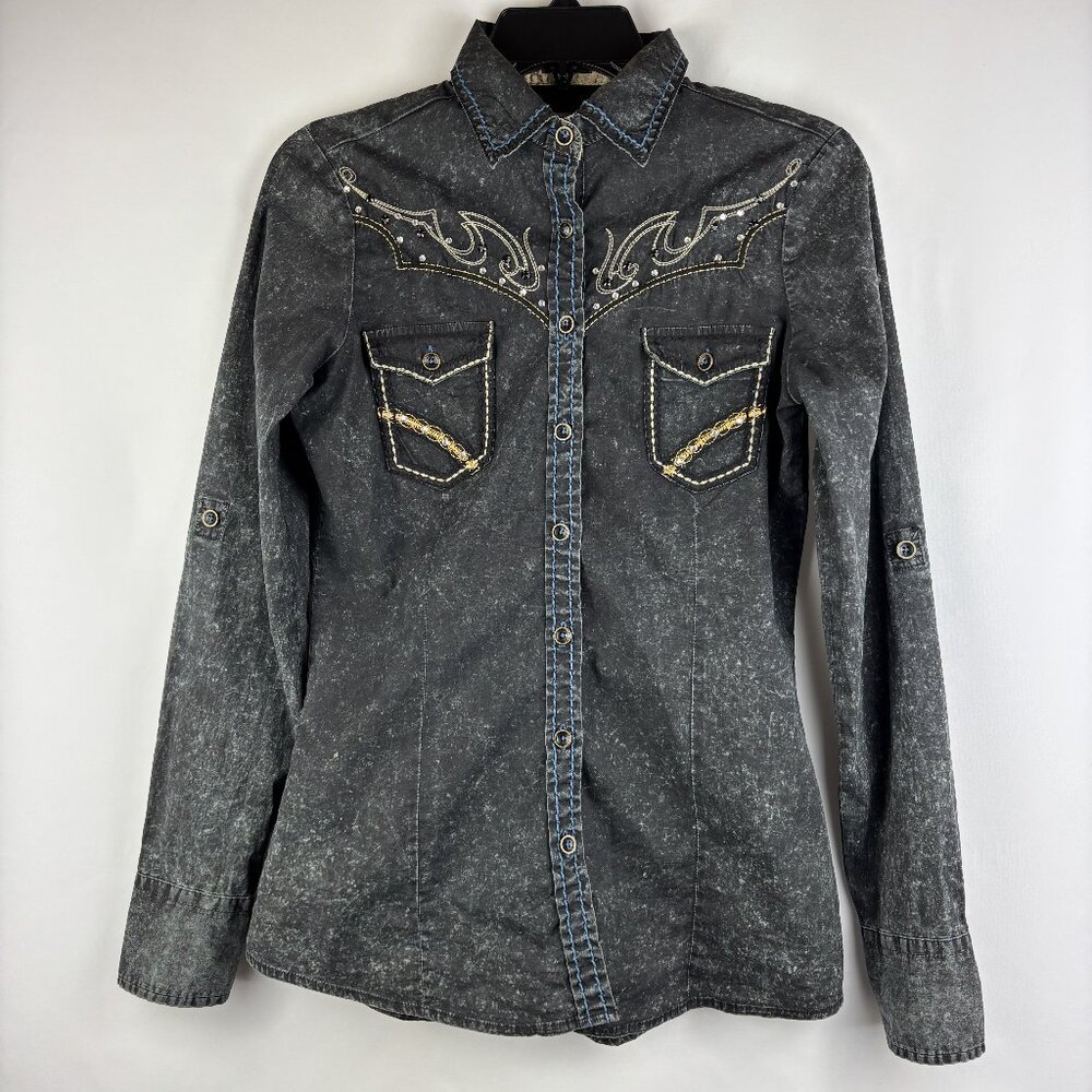 Small Button Up Gold Lined Embroidered Rhinestones Vintage Western Shirt Top